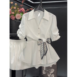 High-End White Women's Chiffon Shirt, Women's Summer 2026 New Short-Sleeved Top, Waist-Cinching Shirt, Hot Style