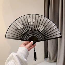 Traditional Chinese Style Folding Fan for Women, Hanfu Dance Folding Fan, Mamian Skirt New Chinese Style Ancient Costume Black Bamboo Fan