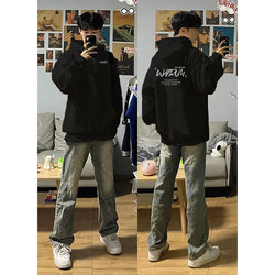 American Fashion Hooded Sweatshirt for Men, Autumn and Winter, Fleece-Lined, Thickened, Letter Print, Loose Fit, Black Jacket Top