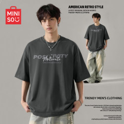 Miniso Pure Cotton Short-Sleeve T-Shirt for Men, Summer Youth Clothing, Heavyweight, High-End Feel, Loose Fit, Regular Shoulder Half-Sleeve Y