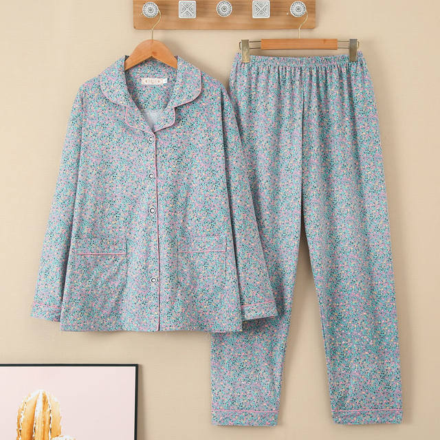 
Middle-aged and elderly women's pajamas spring and autumn cotton long-sleeved thin large size mother's home clothes can be worn outside grandma suit