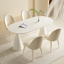 French cream style dining table for household small apartment pure white slate dining table and chairs 2023 new Holy Grail oval table