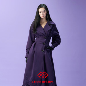 
Labor of Love Absolute Purple Original Design Heavy Hollow Embroidery Dark Purple Satin Glossy Waist Long Windbreaker
