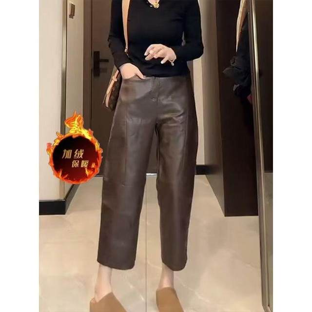 Fleece thickened large size small loose straight-leg casual pants new pear-shaped body high-waisted slimming nine-point leather pants