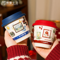 Retro Stamp Ceramic Mug, Beautiful Cup for Home Use, High-End Couple's Coffee Cup, Birthday Gift for Girls