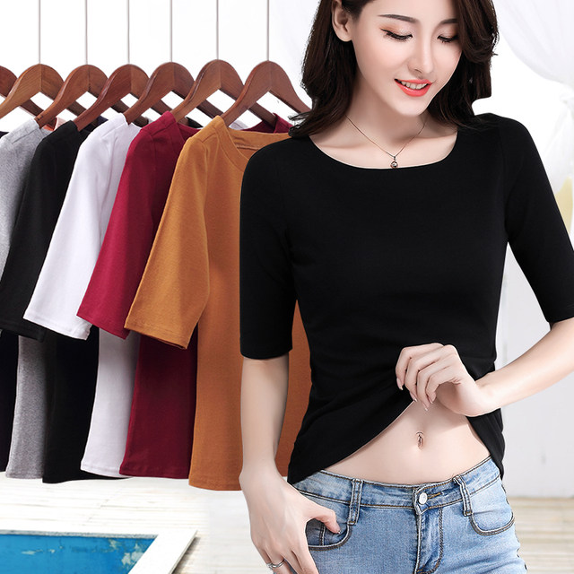 Black slim mid -sleeved top female spring and summer one shoulder seven -point sleeve tight short T -shirt large -size inside with a bottom shirt