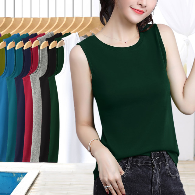 Dark green wide shoulder strap suspender vest for women with round neck sleeveless straight style middle-aged and elderly mothers commuting to cover their breasts