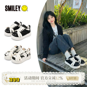 
SMILEY smiling face black canvas shoes spring new lace-up thick-soled heightening women's big head casual breadboard shoes