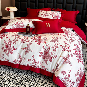
Class A 200-count pure cotton printed wedding four-piece set big red bed sheet quilt cover wedding room pure cotton wedding bedding