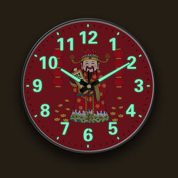 New Chinese-Style God of Wealth Clock Wall Clock for Living Room, Luminous Wall-Mounted Chinese Style No-Drill Bedroom Radio-Controlled Clock