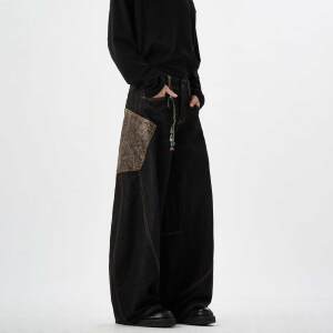 MAX ME[Original Cow Snakeskin Pants] Scimitar Python Black Jeans Wide Leg Men's and Women's Pants