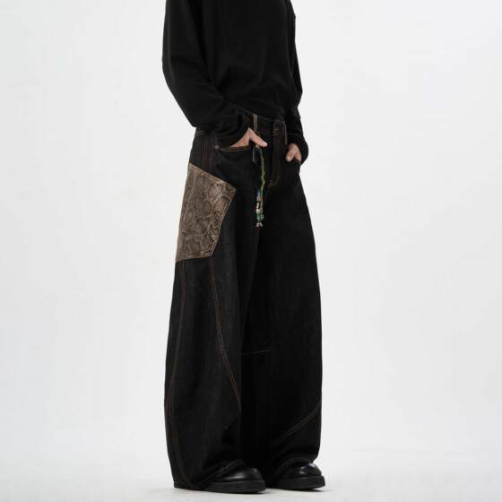 MAX ME[Original Cow Snakeskin Pants] Scimitar Python Black Jeans Wide Leg Men's and Women's Pants