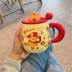 Cute Bear Mug with Lid and Spoon, High-Looking Ceramic Water Cup for Girls, Household Cup, Coffee Breakfast Cup for Kidsren