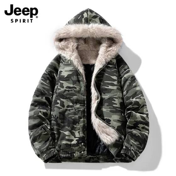 
Jeep Mountain Carving New American Retro Fur Collar Hooded Cotton Coat Men's Thickened Warm Cotton Couple Couple Jacket