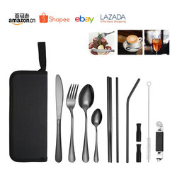 Stainless Steel Portable Cutlery Set, Outdoor Picnic Knife, Fork, Spoon, Chopsticks, Straw 8-Piece Set, Family Dinner Storage Bag