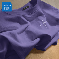 Jeanswest Purple Long-Sleeve T-Shirt for Men, 2025 Autumn and Winter New Style, Youth Couple Style, Dopamine Pure Cotton Short-Sleeve