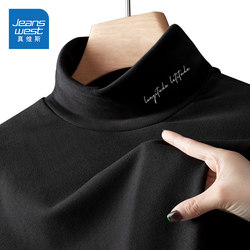 Jeanswest Thick Long-Sleeve T-Shirt for Men, American-Style Letter Print, Youth Autumn and Winter Double-Sided Thermal Fleece Half-High Collar Base Shirt, Trendy