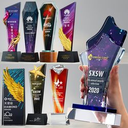 Crystal Trophy with Engraved Text, Colorful and Creative Gift for Company Recognition, Commemorative Employee Award Plaque, Gift Box Included