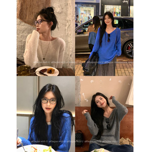 Zheng Daqian, skin-friendly and soft, new style for women's autumn wear thin lazy high-end blue top
