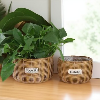 Imitation rattan straw flower basket, green radish, butterfly orchid, living room display, storage basket, flower arrangement, green plant gardening, floor-standing flower pot