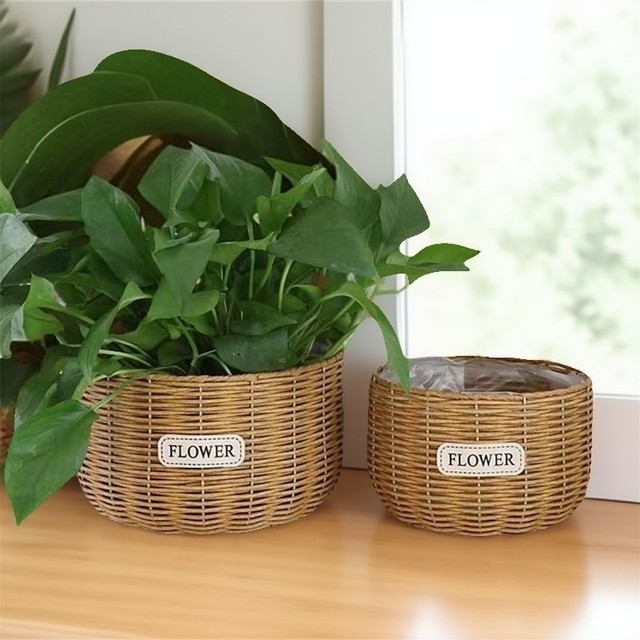 Imitation rattan straw flower basket, green radish, butterfly orchid, living room display, storage basket, flower arrangement, green plant gardening, floor-standing flower pot