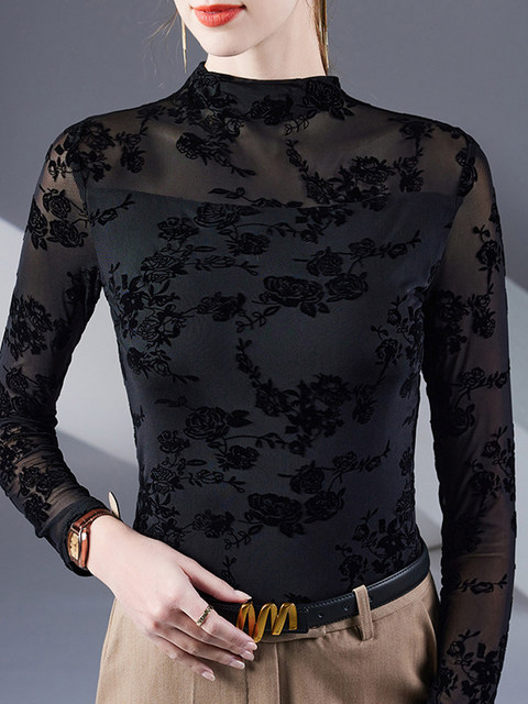 2025 new half turtleneck lace base shirt for women with spring long ...