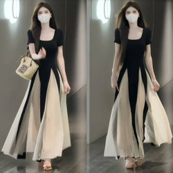 French-Style High-End Elegant Mesh Short-Sleeve Dress for Women, Summer 2026, Waist-Cinching, Slimming, Unique, Large Hem Long Dress