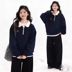 【Da Qiao's Home】Fast Order Delivery! Korean-Style Color-Blocked Lapel Half-Zip Fleece Sweatshirt # 2002