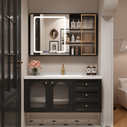 French Retro Style Obsidian Black Rubber Wood Bathroom Cabinet Set with Integrated Ceramic Basin Bathroom Sink Cabinet