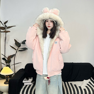 
Japanese cream trend popular mountain carving cotton coat winter plus velvet thickening warm men and women PU leather cotton coat couple