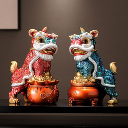 Chinese-Style Lion Dance Figurines for Attracting Wealth, a Pair of Decorations for Living Room, Home Entrance, Wine Cabinet, Tabletop, Housewarming and Opening Ceremony Gifts