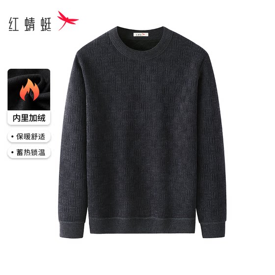 
Red Dragonfly Men's Fleece Thickened Round Neck Sweater in Winter New Knitted Jacquard Dad's Winter Clothing Base Shirt