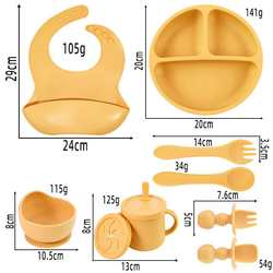 Children's silicone dinner plate set, mother and baby eight-piece set, silicone fork, spoon, bib, learning drinking cup, silicone tableware 8-piece set