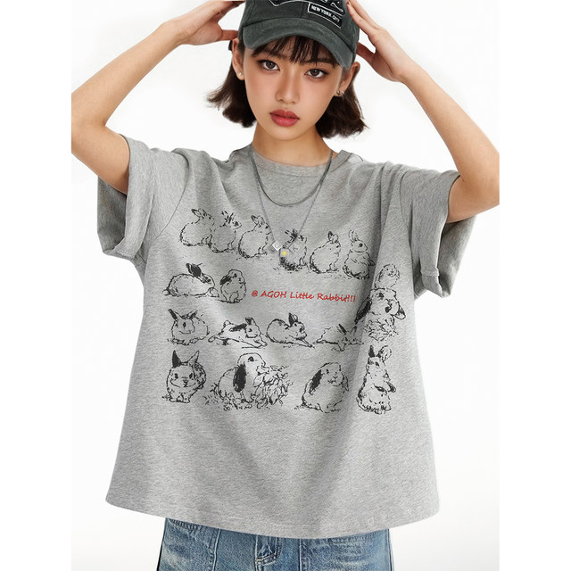 AGOH original hand -painted rabbit pattern casual loose couple round neck short -sleeved daily versatile gray T -shirt top