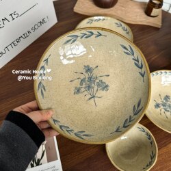 Freesia Series Retro-Style Sesame-Glazed Ceramic Plate Set for One Person, Salad Plate, Vegetable Plate, Deep Plate, Round Plate