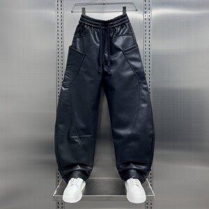 
Autumn and winter plus velvet tall man's windproof and cold-proof motorcycle riding leather pants men's trendy brand loose youth handsome floor mopping pants