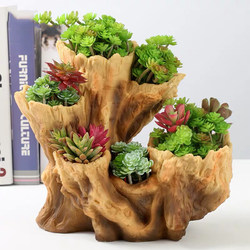 A Large Multi-Hole Planter for Multiple Succulents, Micro-Landscape, Large Diameter, Imitation Wood Root Carving, Rural Style Bonsai
