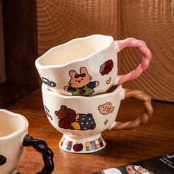 High-Appearance Ceramic Mug with High Handles for Home Use, Suitable for Girls, Office, Couple Cups, Cute Breakfast Milk Cup