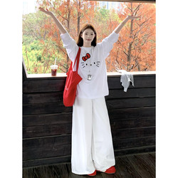 White Pure Cotton Kitty Cat Long-Sleeve T-Shirt for Women, Spring and Autumn 2025 New Style, Loose and Lazy Style Base Shirt Top for Students