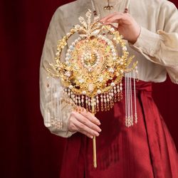 Champagne-Colored Bridal Hand Fan, Ready-Made Handmade Chinese-Style Xiuhe Dress Bridal Wedding Hand-Held Face-Covering Fan