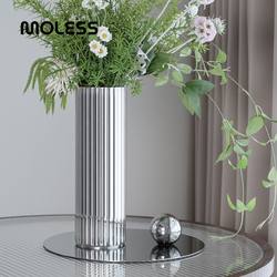 Moless Scandinavian Simple Home Living Room Coffee Table Flower Arrangement Decorative Vase Creative Stainless Steel Cylindrical Flower Vessel Ornaments