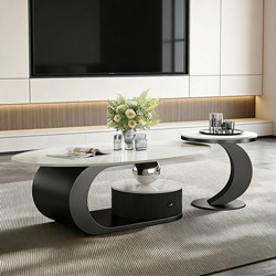 Italian-Style Light Luxury Slate Coffee Table, Oval Shape, for Living Room, Suitable for Small Apartments, Minimalist Design, Combination Set with Drawers, 2026 New Model