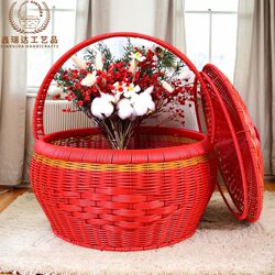 Red Hand-Woven Large-Capacity Basket, Shopping Basket, Outdoor Picnic Basket, Imitation Rattan Worship Frame, Round Extra-Large Size