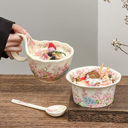High-Quality Vintage Floral Ceramic Bowl with Handle, Oatmeal Bowl for Home Use, Irregular Handle Cup, Pink Girly Gift