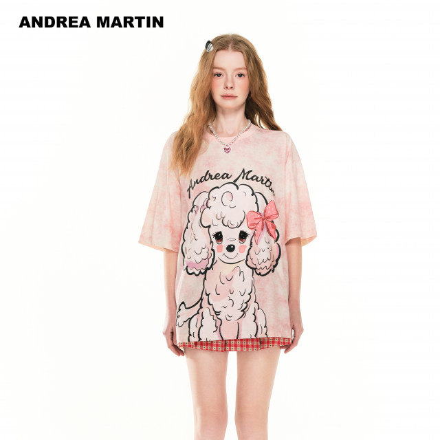
ANDREA MARTIN2025 summer new cartoon printed short-sleeved T-shirt for women round neck loose pink top