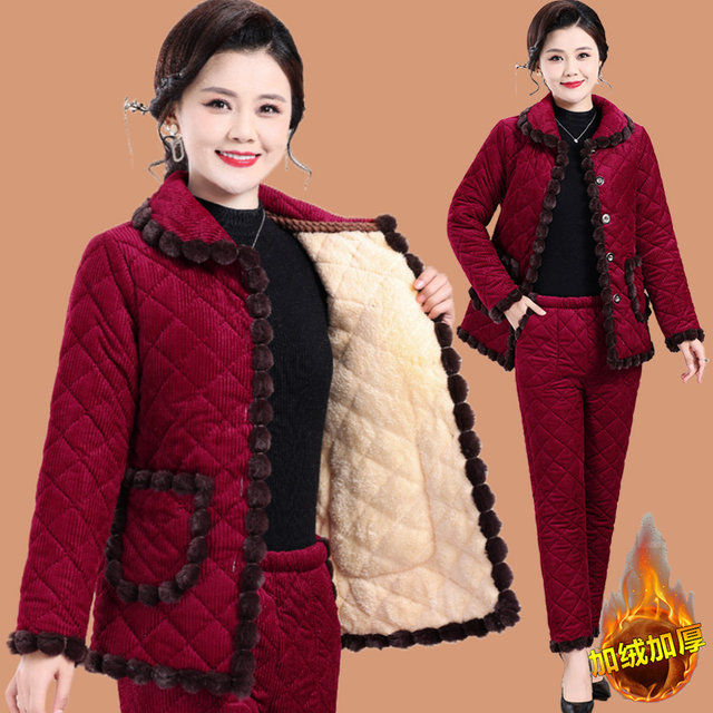 
Mom's winter clothes plus velvet thickened cotton jacket corduroy suit middle-aged and elderly women's warm home cotton jacket and cotton pants two-piece set