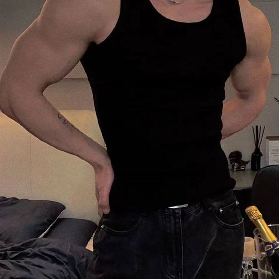 Men's summer vest heavy cotton thick threads street American fitness sports slim sweat absorption muscle men's bottom