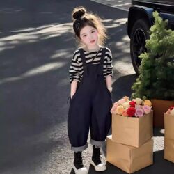 Girls' Cool Denim Overalls Set Spring 2026 New Style Children's Fashionable Spring Clothes for Little Girls