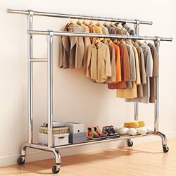 Stainless Steel Clothes Drying Rack for Home Use, Floor-Standing Clothing Store Hanger Rack, Mobile Clothes Display Rack for Bedroom, Double-Rod Coat Rack