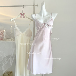 
Roseberrrry white peach heart pure desire lace sweet suspender nightgown ice silk sexy pajamas with breast pads